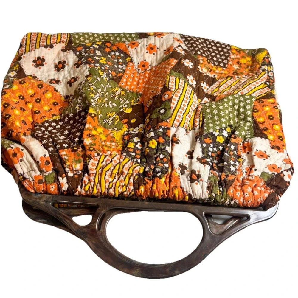 Vintage Groovy Quilted Patchwork Clutch Bag Purse 1960's Handmade Plastic Handle